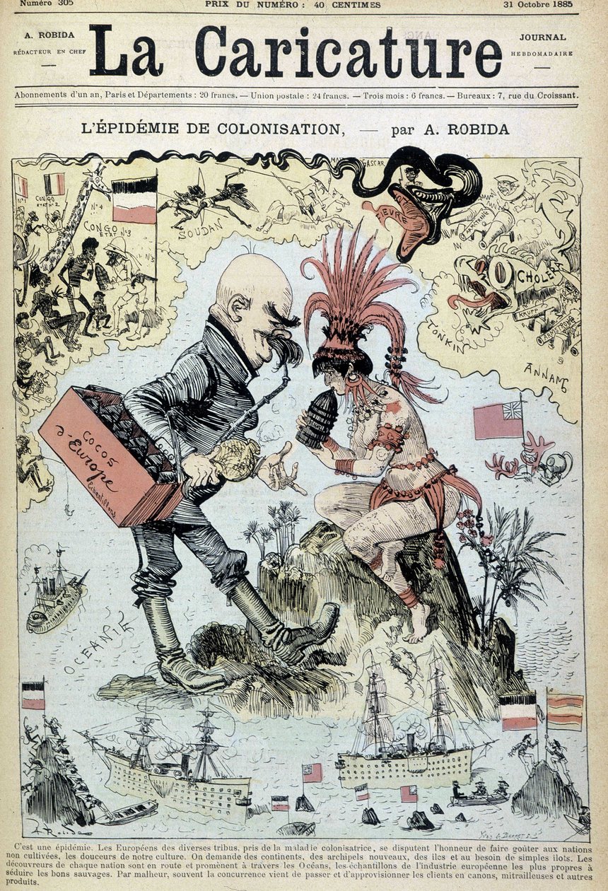 Koloniseringsepidemin: antikolonialistisk teckning av Robida - i "" La Caricature"" av 1885-10-31 av Albert Robida