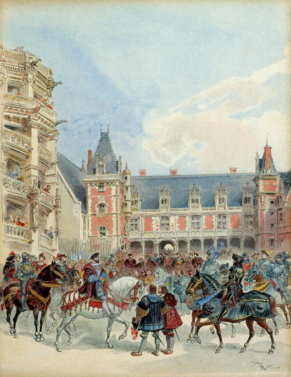 Francois I:s hov (1494-1547) vid det kungliga slottet i Blois, före 1524. Illustration av Albert Robida