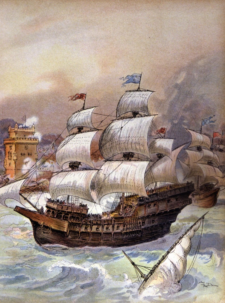 Jean Angos flotta blockerar Tejo och hotar Lissabon, ca 1909 (illustration) av Albert Robida