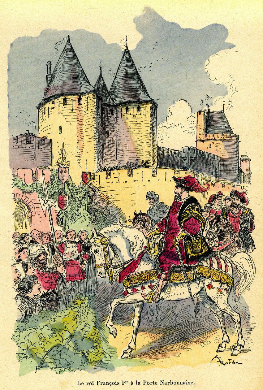 Kungen av Frankrike Francois 1st anländer till häst framför Cite de Carcassonne, Porte Narbonnaise. Illustration av Albert Robida (1848-1926): frontispice av boken "Le tresor de Carcassonne"" första upplagan H. Laurens 1921. av Albert Robida