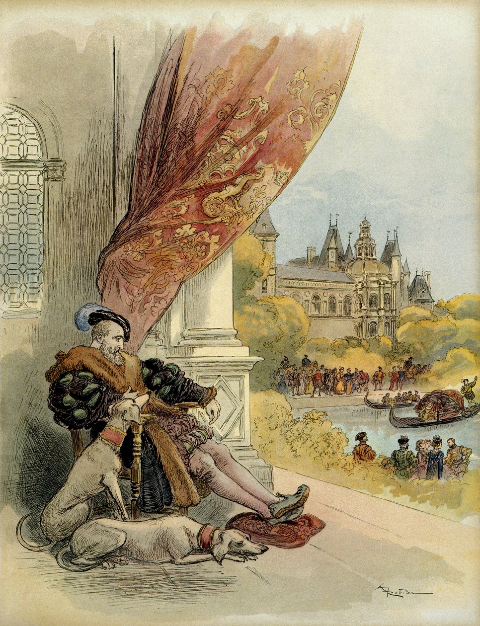 De sista dagarna av Francois 1st (1494-1547), på slottet Rambouillet. Illustration av Albert Robida