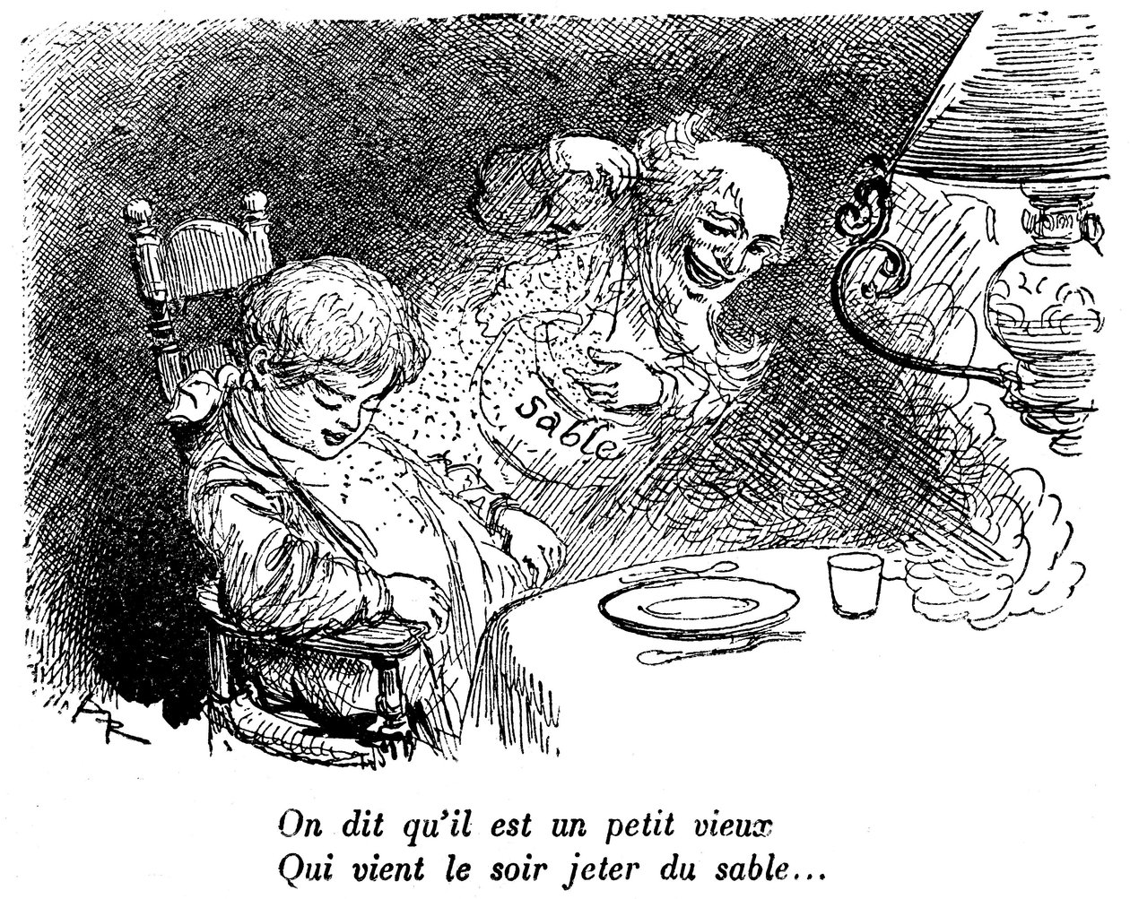 Sandhandlaren har gått! Barn sover efter att ha ätit. Sova. ”” De säger att han är en liten gubbe som kommer för att kasta sand på natten...” Teckning av Albert Robida (1848-1926) i en läsbok för barn 1920-1930. av Albert Robida