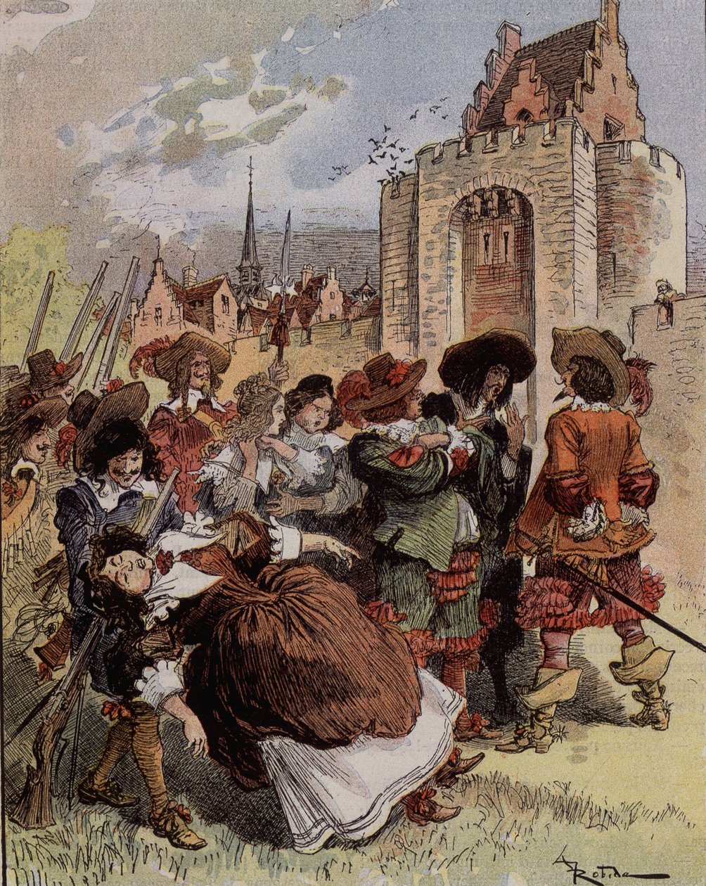 Kapten Bellormeaus blyghet - "" Madame de Malicorne föll i armarna på en sergeant"". Karaktär från Albert Robidas bok. Omslag "" Den lille fransmannen illustrerad"" från 1900-01-20. av Albert Robida