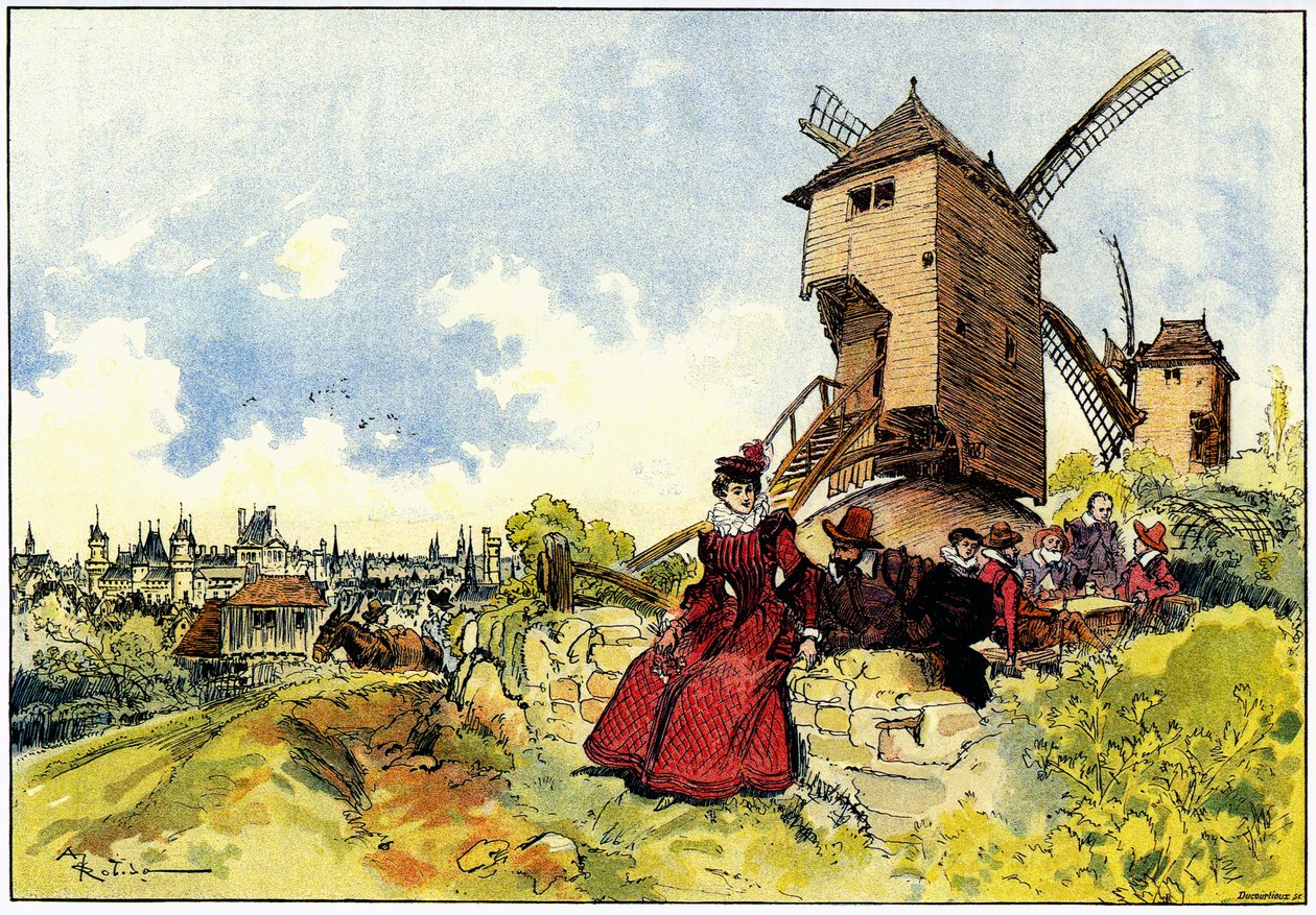 Väderkvarnarna på Butte Montmartre i Paris på 1500-talet av Albert Robida