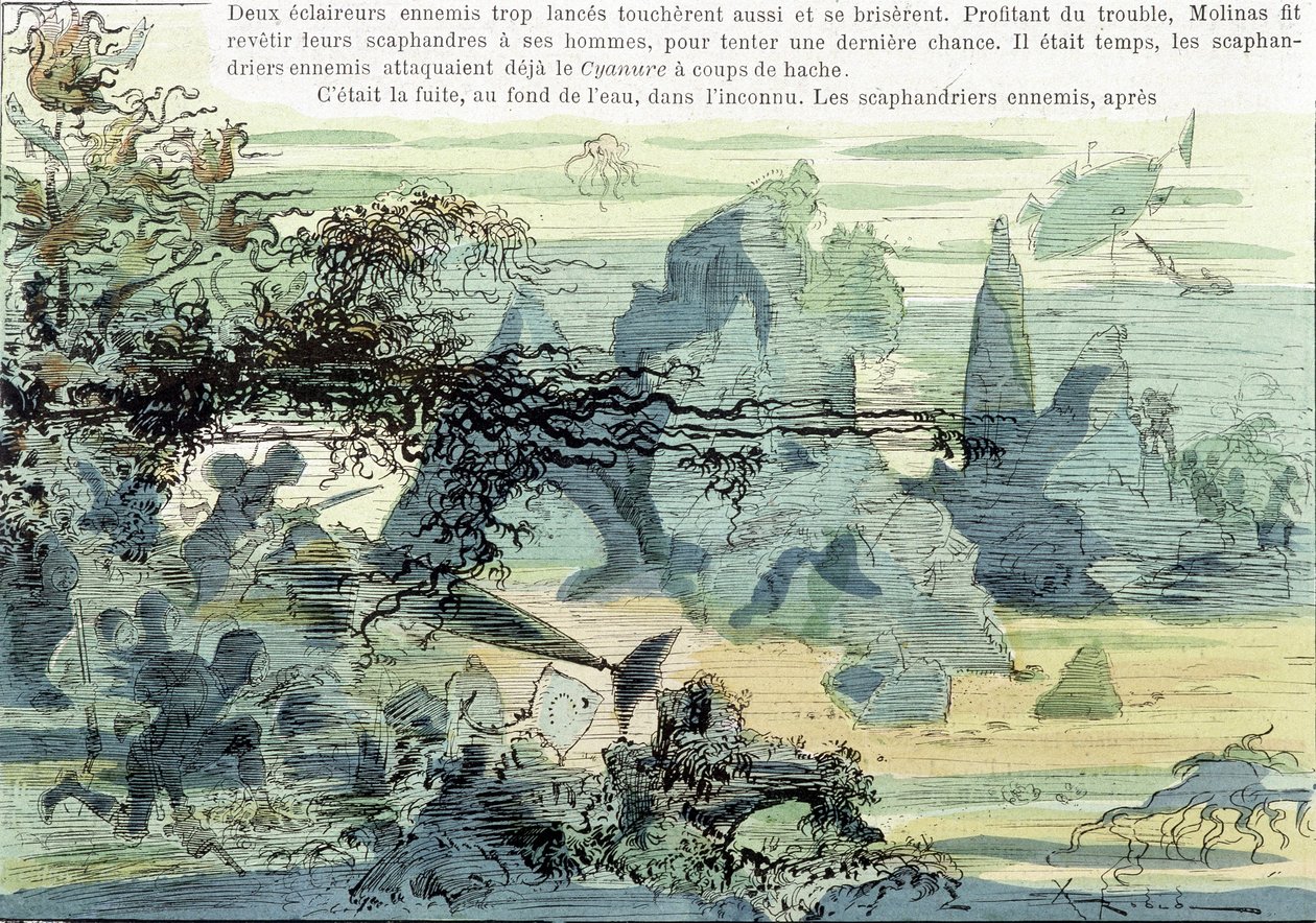 Undervattenskrigsscen. I "War in the 20th century" av Robida, sent 1800-tal. av Albert Robida