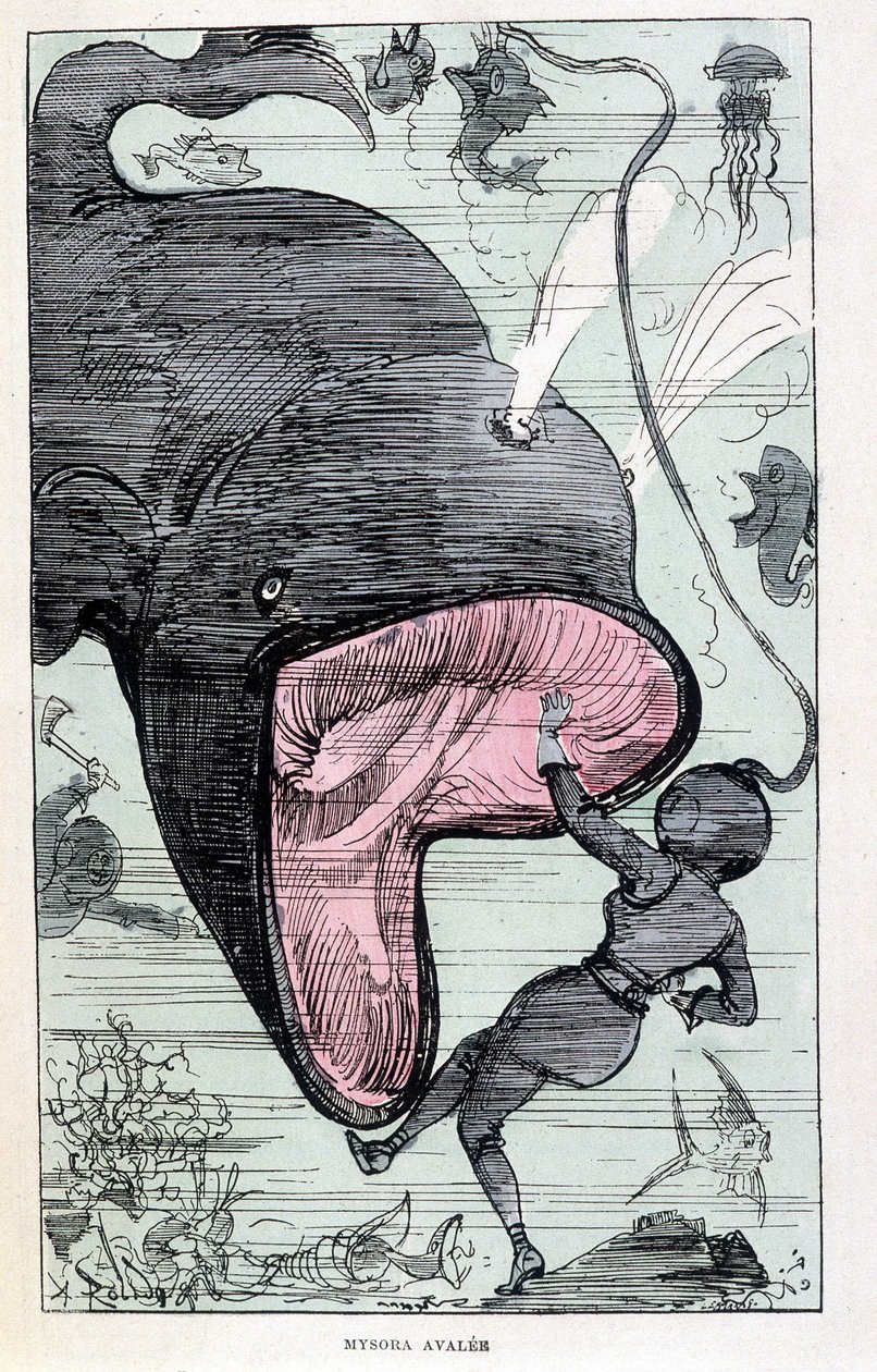 Kvinna i en scaphandler som blir uppslukt av en val, parodi på Jules Verne, "" Mycket extraordinära resor av Saturnin Farandoul i 5 eller 6 delar av världen och i alla länder kända eller okända för M. Jules Verne" av Robida, Paris av Albert Robida