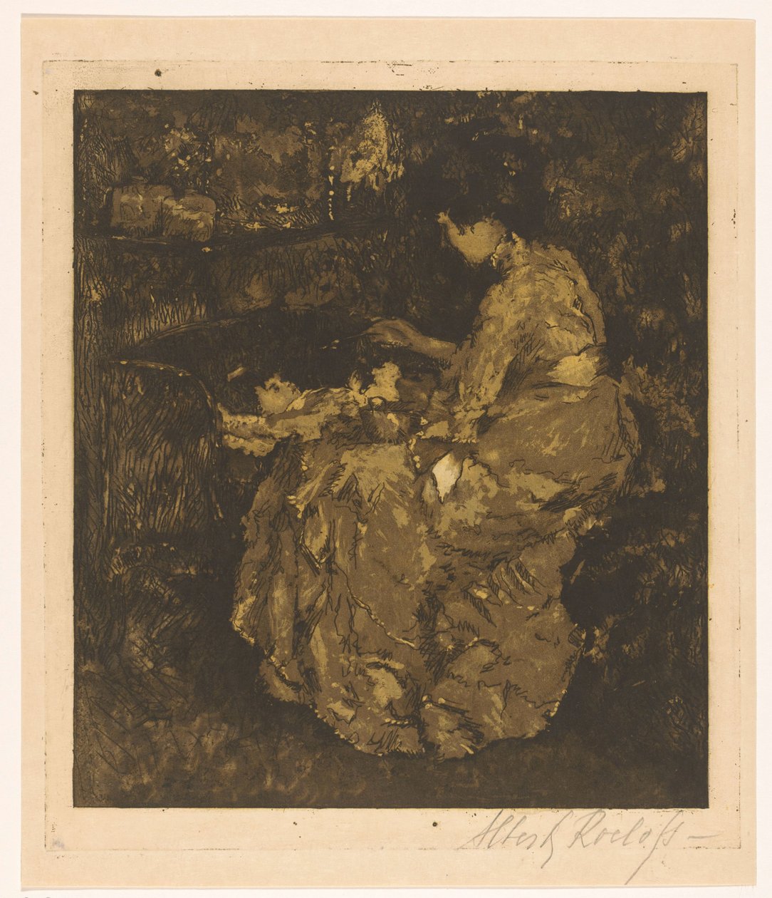 Kvinna matar ett barn i en spjälsäng gröt av Albert Roelofs (signed by artist)