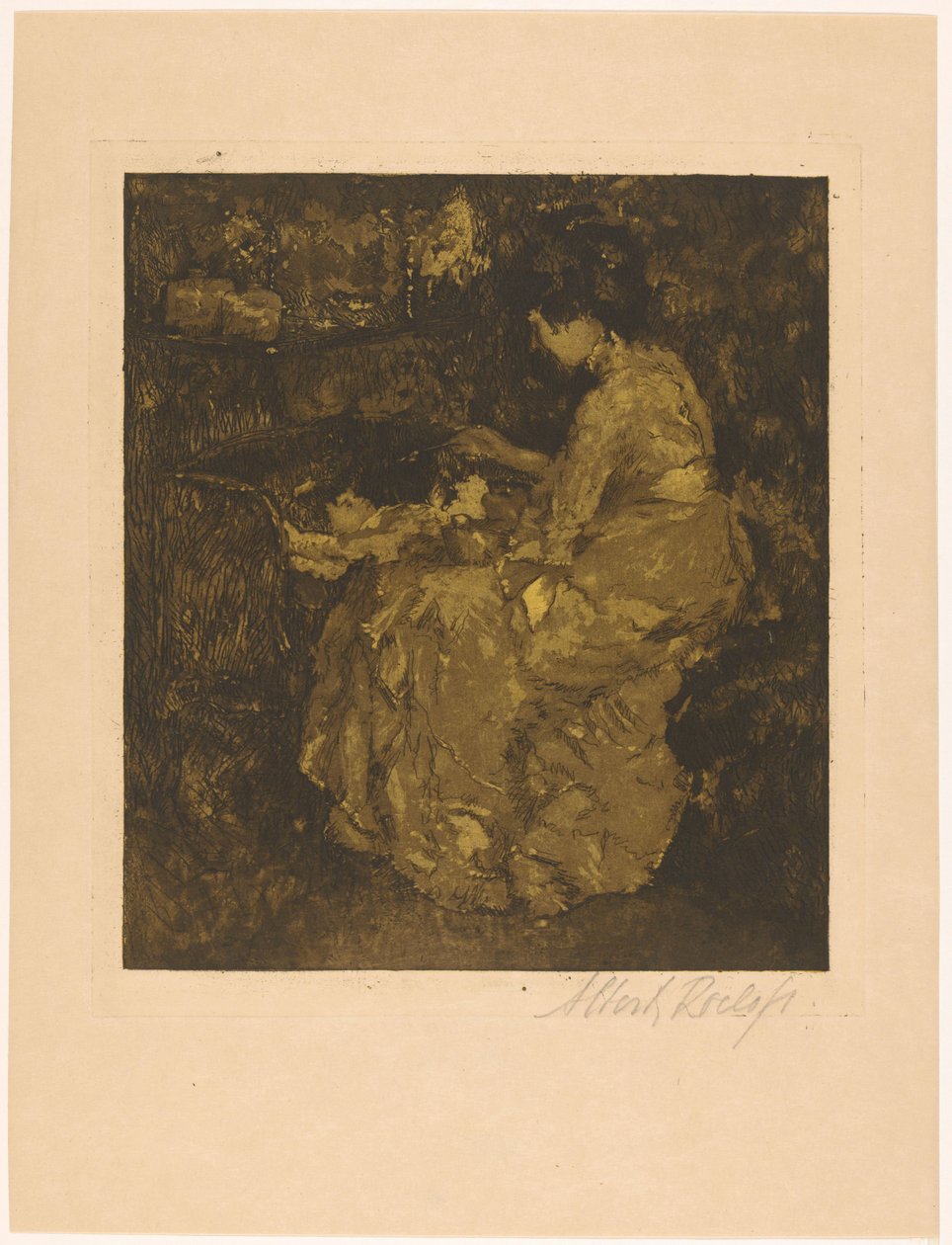 Kvinna matar ett barn i en spjälsäng gröt av Albert Roelofs (signed by artist)