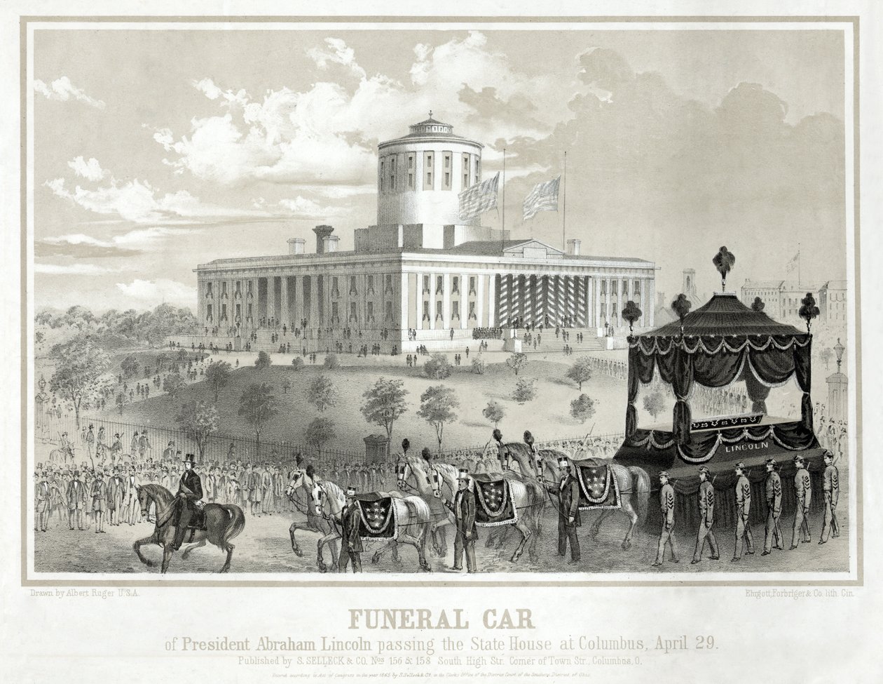 President Abraham Lincolns begravningsbil passerar State House i Columbus den 29 april, puben. 1865 (gravyr) av Albert Ruger