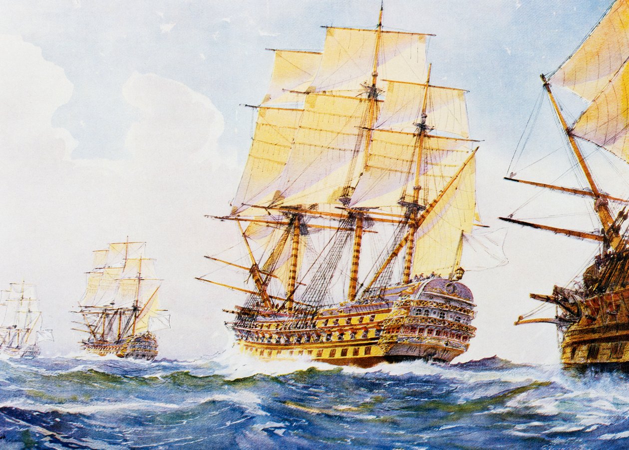 1700-talsskepp i en rad med styrbords halning, akvarell av Albert Sebille (1874-1953), 1900-talet av Albert Sébille