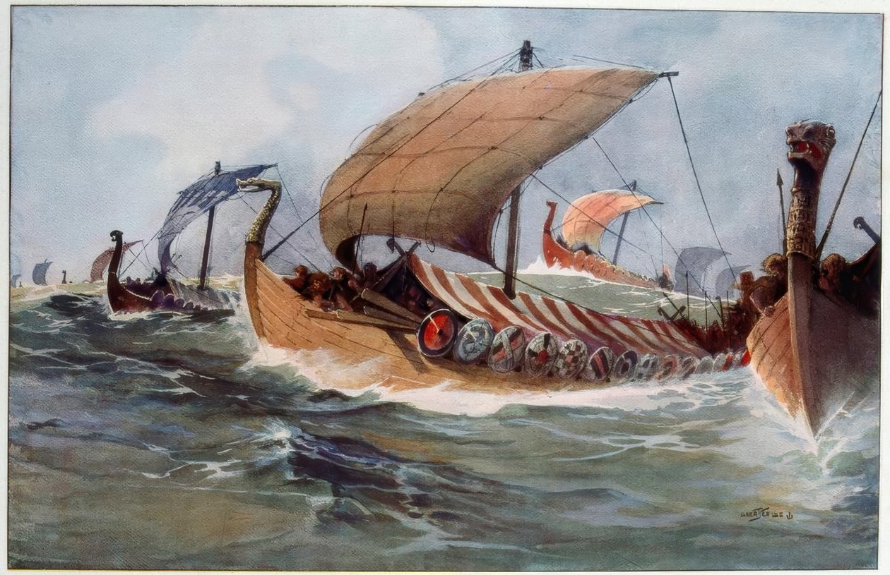Drakkar. Vikingalångskepp under segel av Albert Sébille