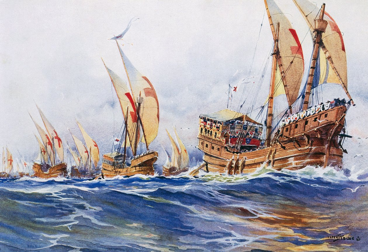 Kung Ludvig IX:s franska skepp under det åttonde korståget 1268, akvarell av Albert Sebille (1874-1953) av Albert Sébille