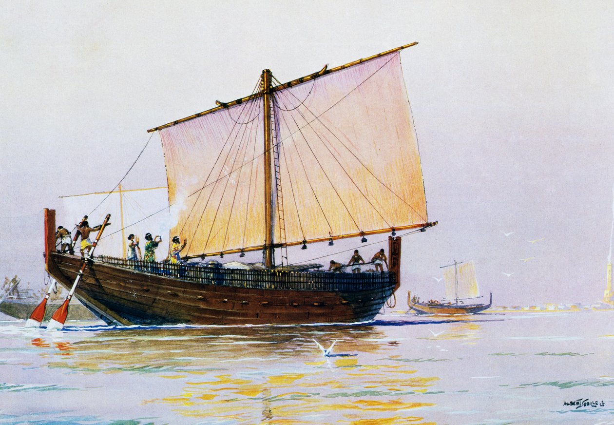 Feniciskt handelsfartyg anländer till Pharos, akvarell av Albert Sebille (1874-1953), 1900-tal av Albert Sébille