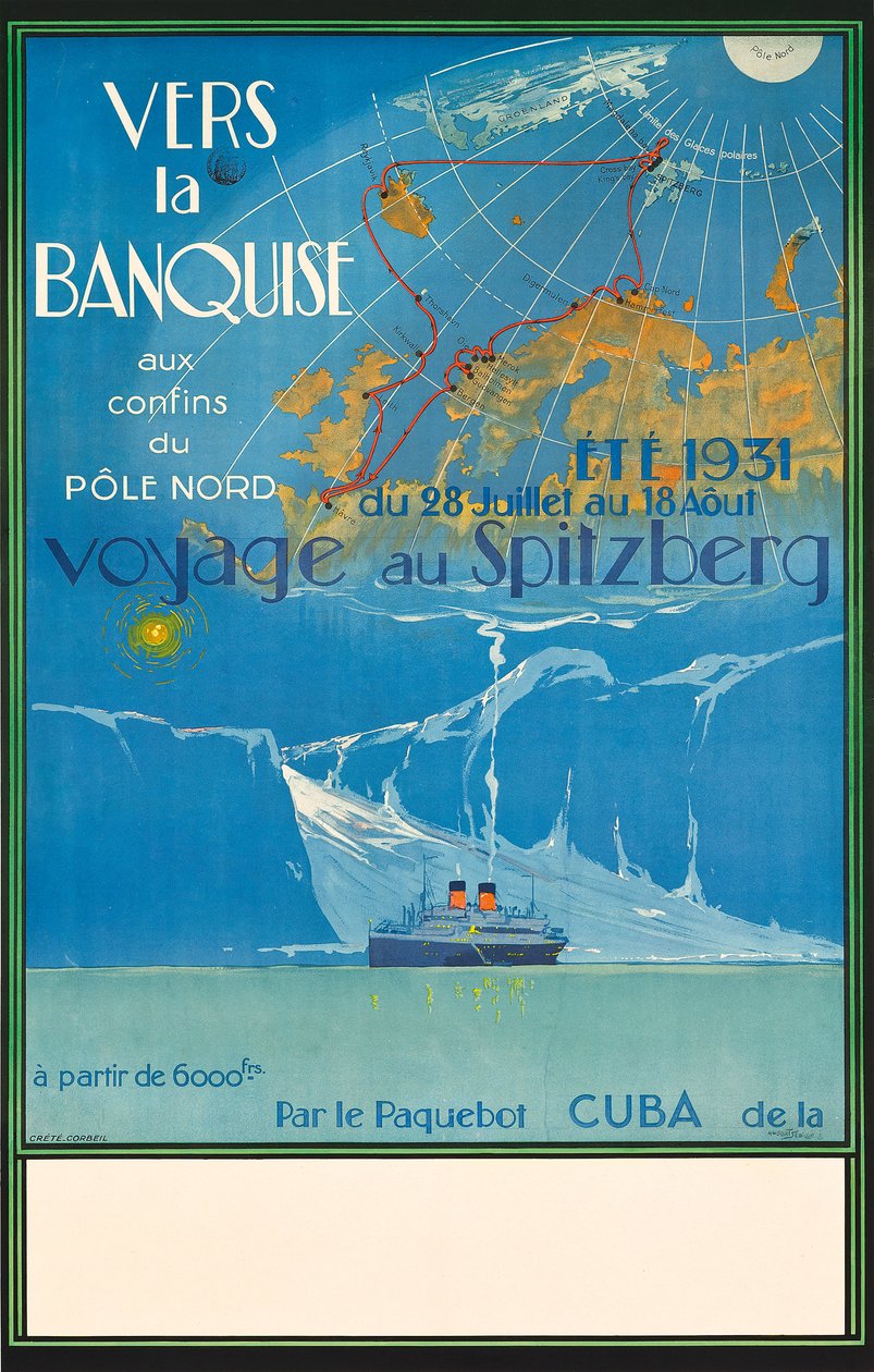 Affisch med reklam för resa till Spitzberg, Norge, ca 1931 (färglitografi) av Albert Sébille