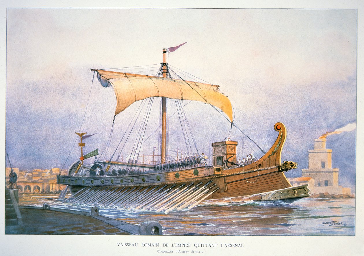 Romerskt kejserligt skepp lämnar hamnen, ca 1930 (färglitografi) av Albert Sébille