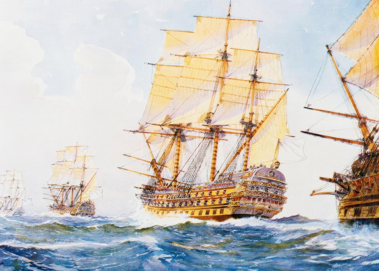 Fartyg från 1700-talet i enkel rad i medvind på styrbords sida av Albert Sébille
