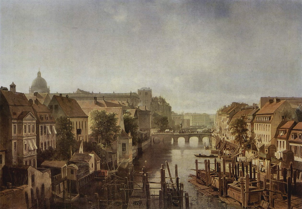 Utsikt från de kungliga kvarnarna vid Mühlendamm till Lange Brücke i Berlin av Albert Schwendy