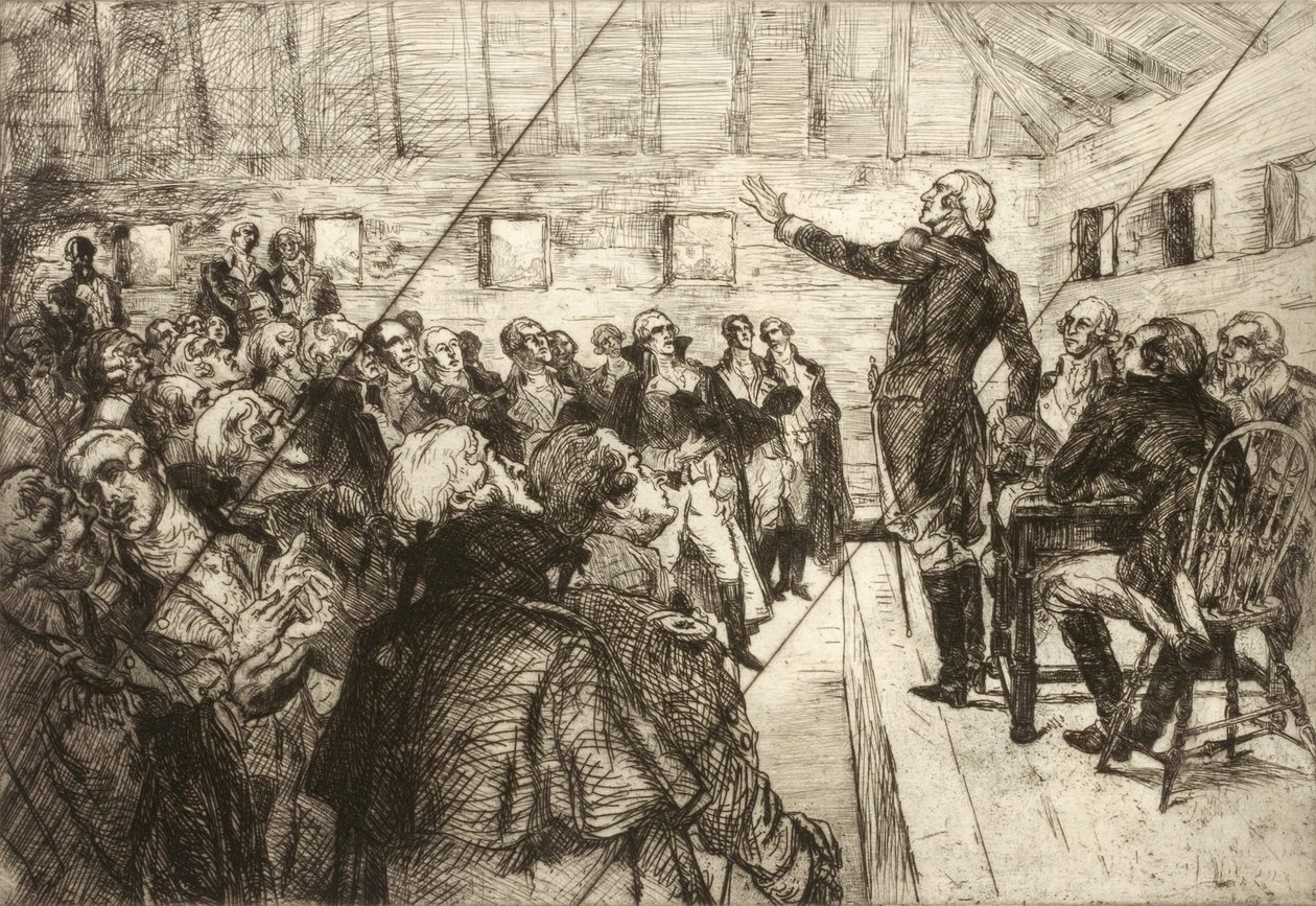 Washington förhindrar en militärdiktatur (stämplad plansch ur portföljen "The Bicentennial Pageant of George Washington") av Albert Sterner