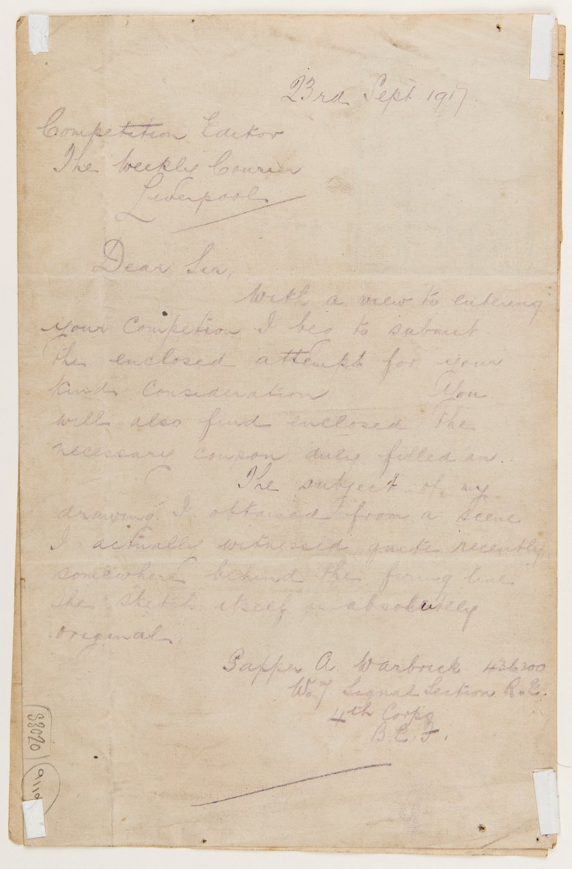Brev till tävlingsredaktören den 23 september 1917 av Albert Warbrick