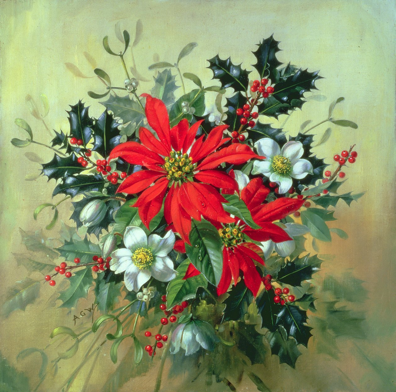 AB130 Ett jularrangemang med järnek, mistel och andra vinterblommor av Albert Williams