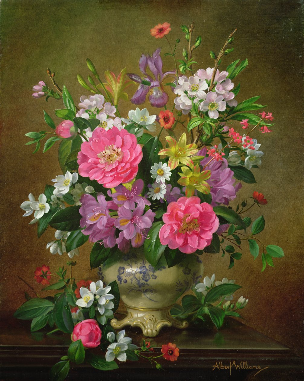 Blossom, Iris och pioner i en keramisk vas (A31) av Albert Williams
