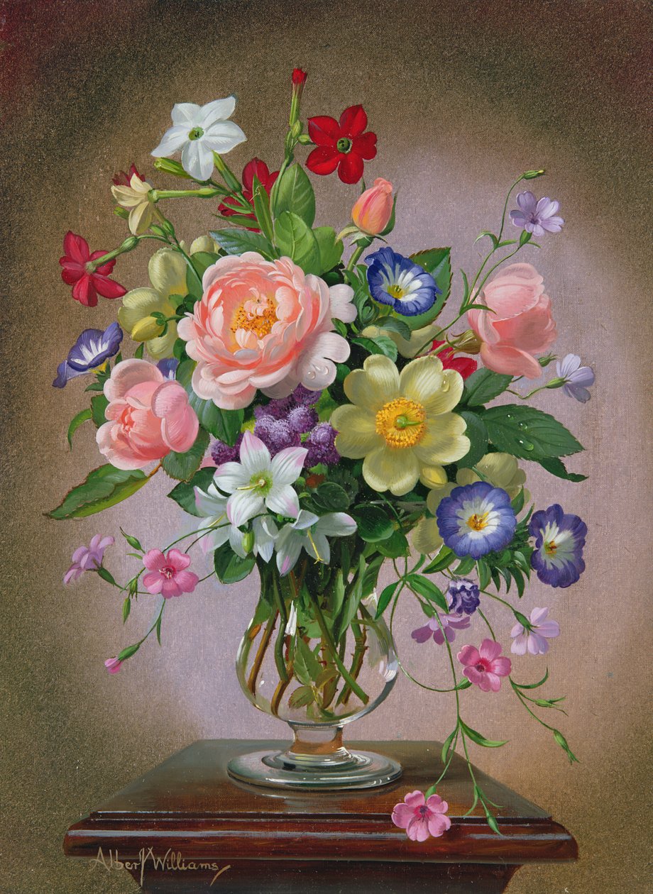 Rosor, pioner och fresias i en glasvas av Albert Williams