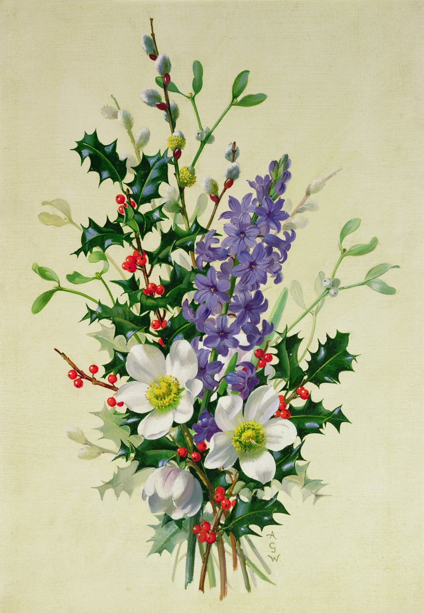 Spray av Dogrose, Holly, Mistel och Larkspur (1) av Albert Williams