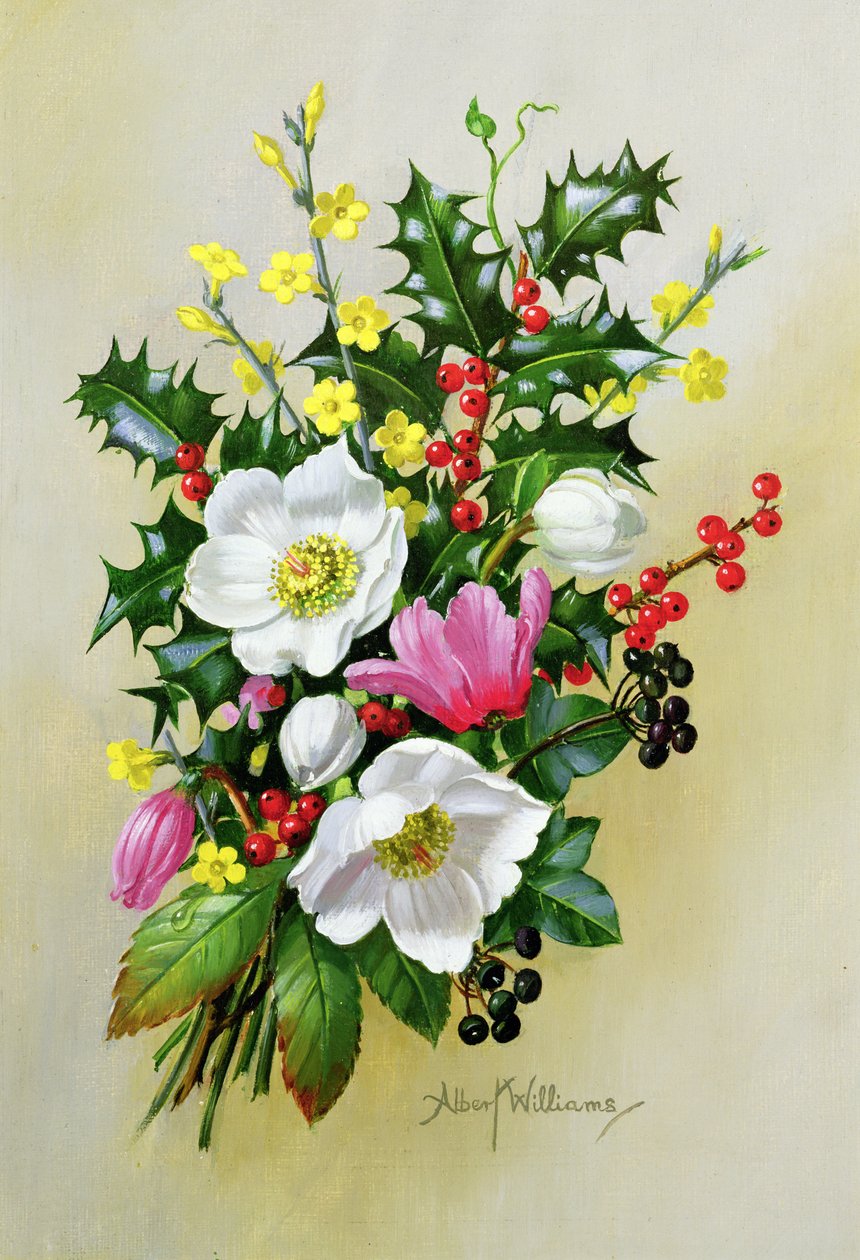 Spray av Dogrose, Holly, Mistel och Larkspur av Albert Williams