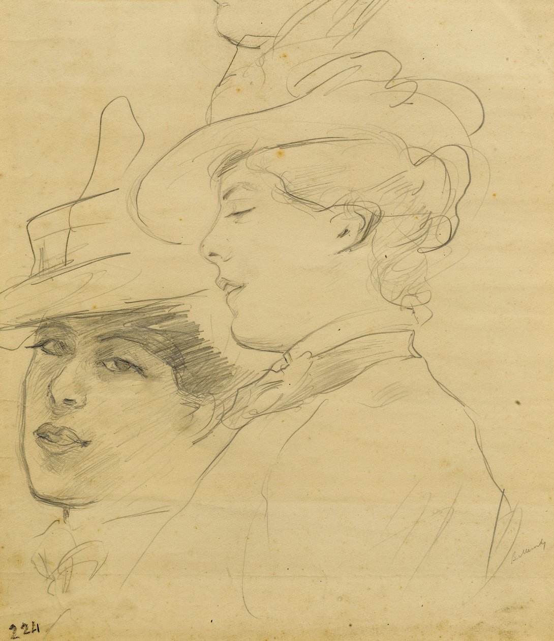 Kvinnohuvud med dekorerad hatt, profil och trekvartsvy, ca 1900 (blyerts på ljusbrunt papper) av Albert de Belleroche