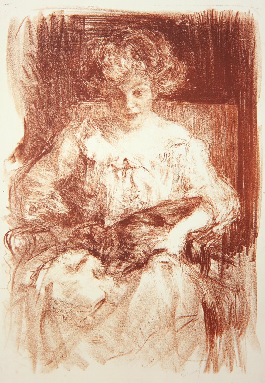 Fru. H. V. Milbank på Ferby Lodge med Bebear, c.1907 av Albert de Belleroche