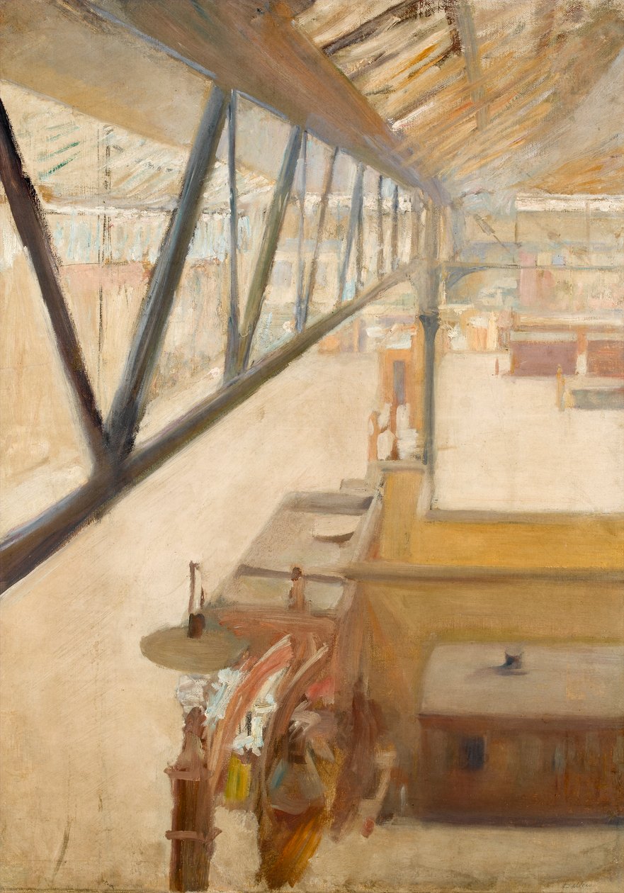 Utsikt över en järnvägsstation, ca 1900 (olja på duk) av Albert de Belleroche