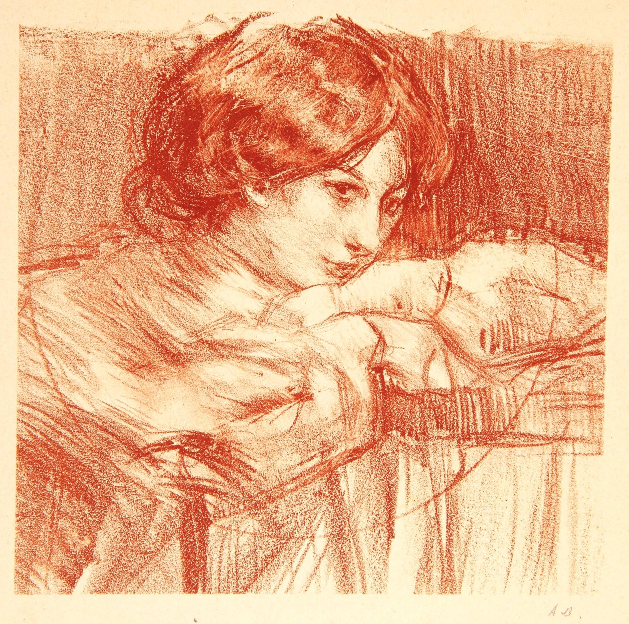 Ung dam som lutar sig mot korsade händer, 1902 av Albert de Belleroche