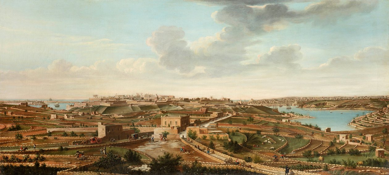 En av en uppsättning av sju vyer över Valletta, Malta och dess omgivningar, cirka 1753 av Alberto Pullicino
