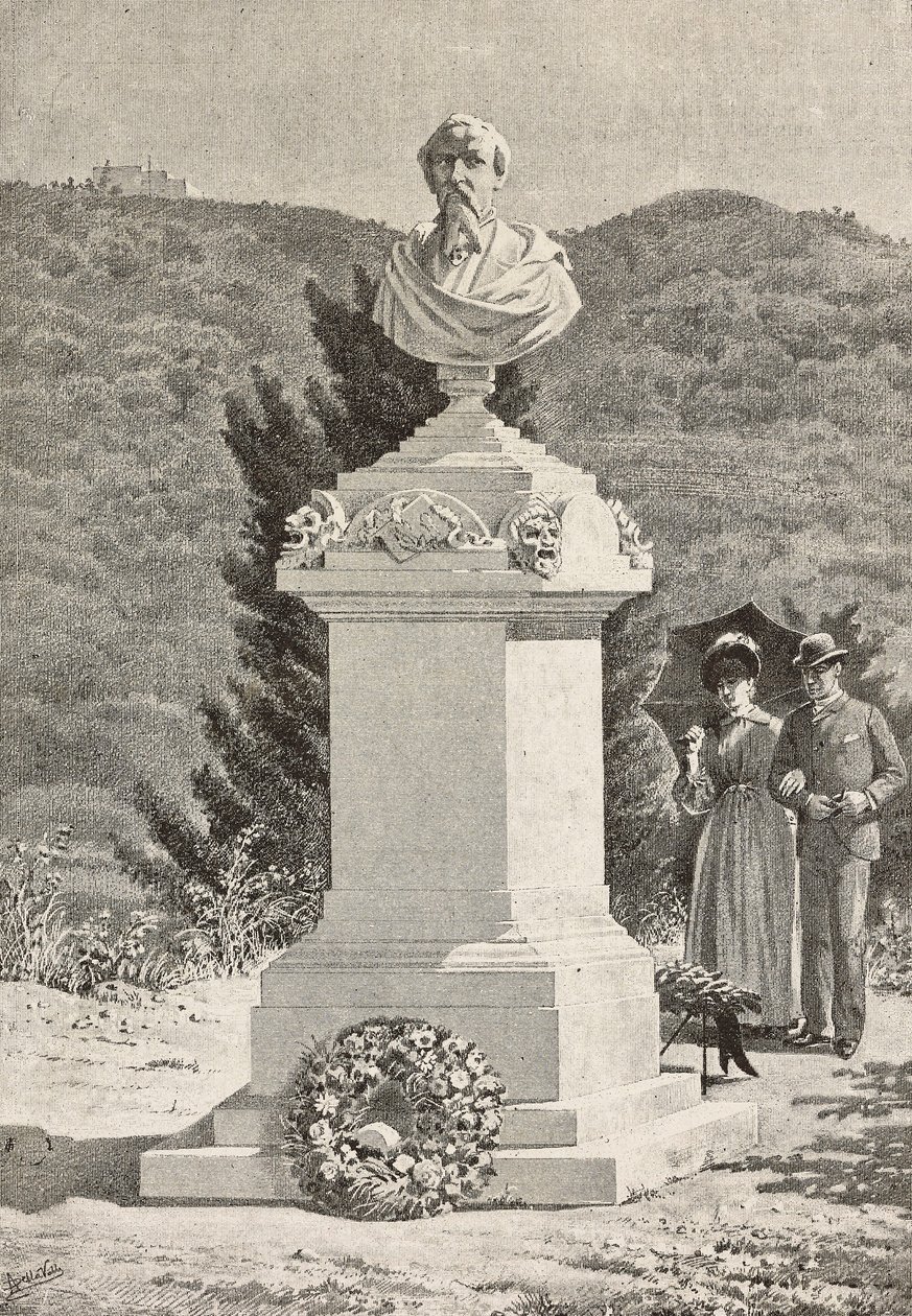 Monument över Paolo Giacometti (1816-1882) på kyrkogården i Staglieno, Genua, Italien, gravyr efter ritning av Alberto della Valle, från L