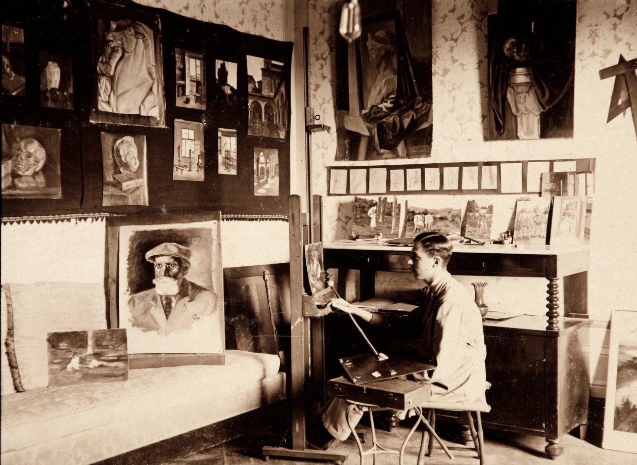 Konstnären Guglielmo Ghini i sin ateljé, Ponte a Vingone, Scandicci, Florens, 09/1920 (s/v foto) av Alberto Fierli
