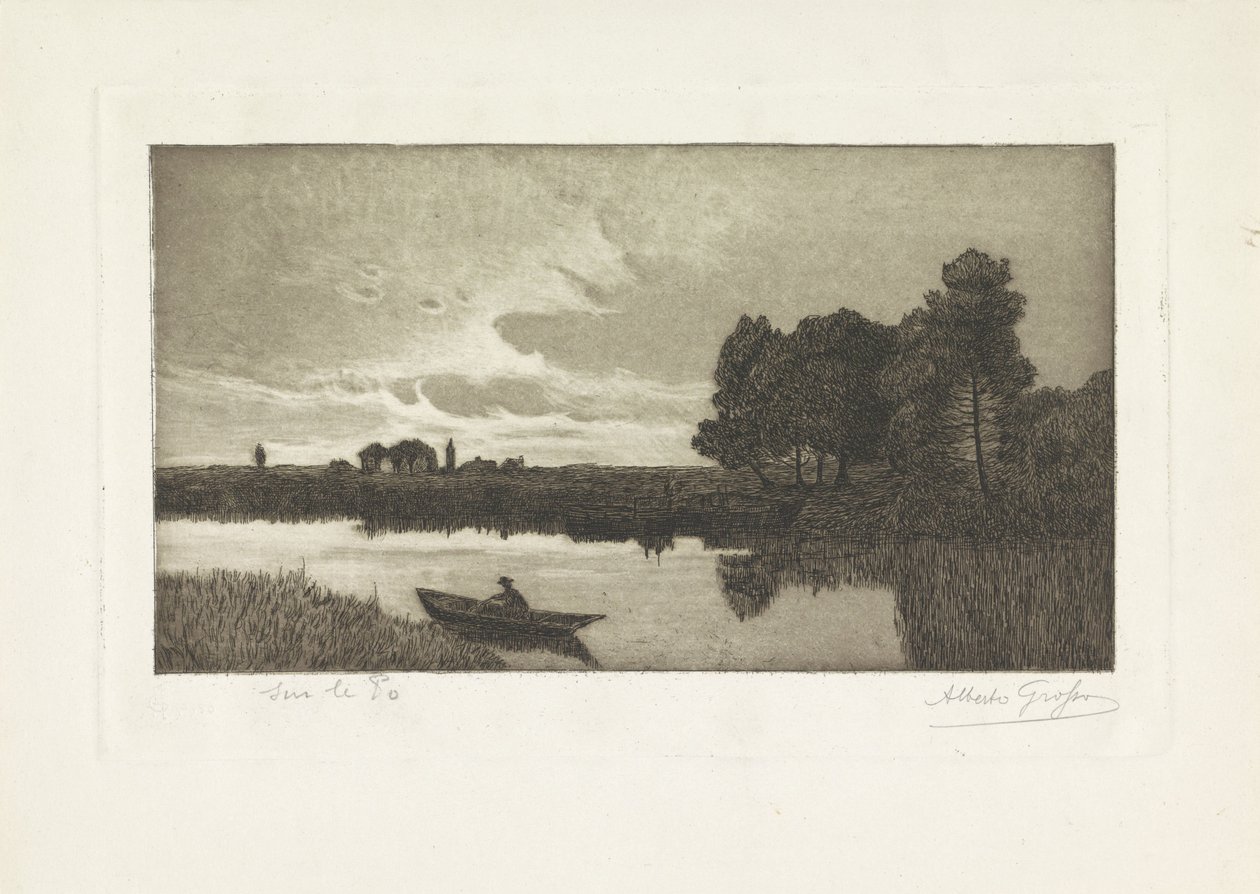 Landskap med en fiskare i en båt på floden Sur le Po (titel på objekt) av Alberto Grosso