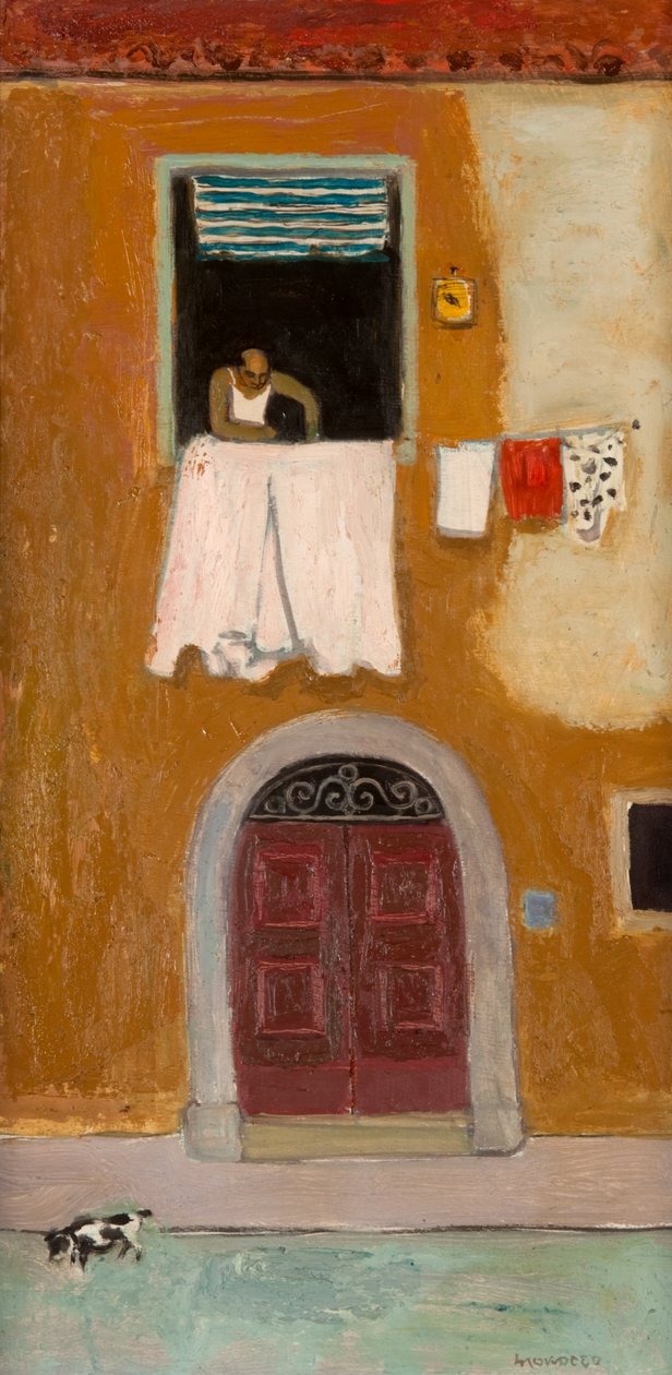 Fönster i Orbetello, ca 1980 (olja ombord) av Alberto Morrocco