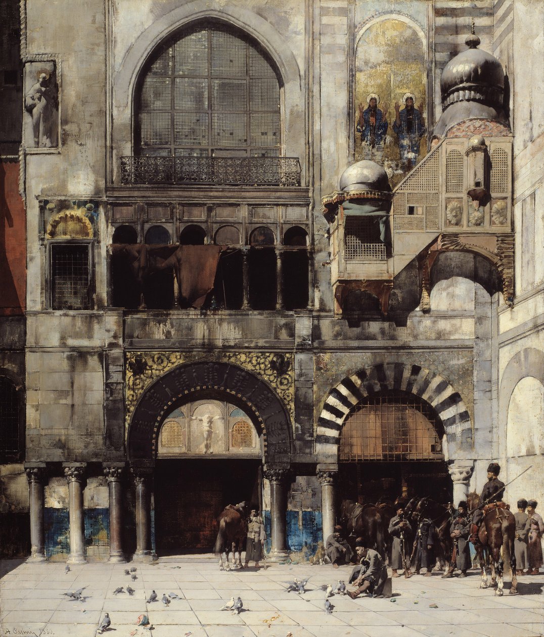 Cirkassiskt kavalleri som väntar på sin befäl vid dörren till ett bysantinskt monument, Orientens minne, 1880 av Alberto Pasini