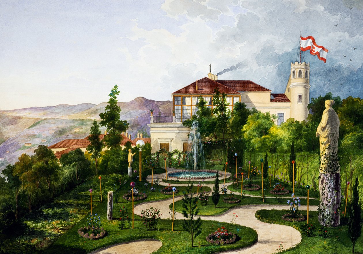 Exteriör med trädgård, sydväst om Villa Lazzarovic Triestes residens för Maximilian av Habsburg (1832-1867) av Alberto Prosdocini or Prosdocimi