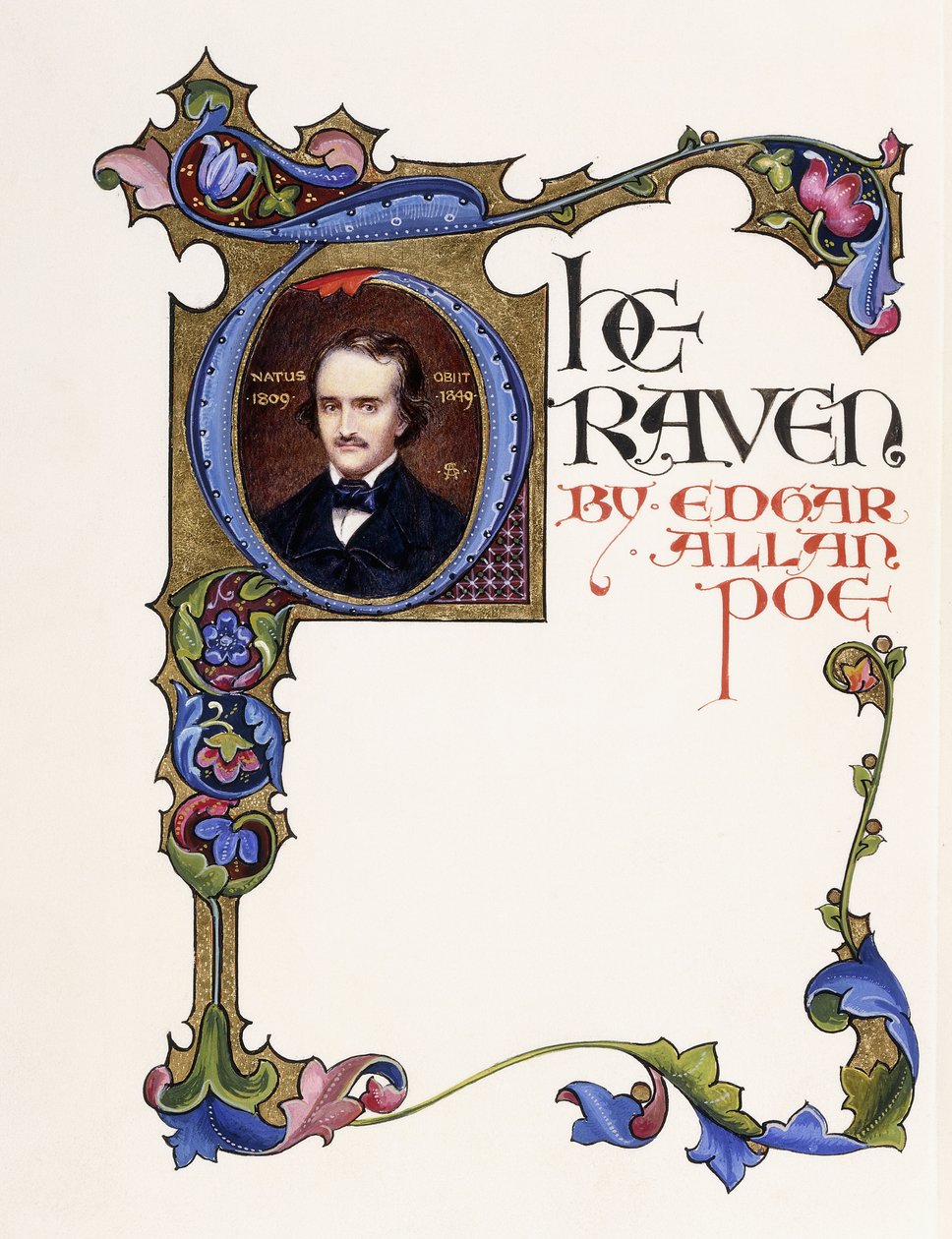 Upplyst titelsida från boken "The Raven" av Edgar Allan Poe, visar ett porträtt av konstnären och ett historiskt initialt "T" av Alberto Sangorski