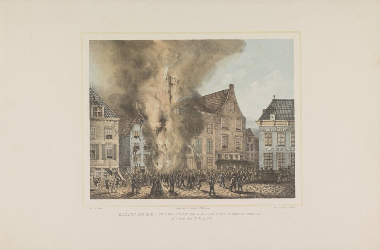 Utsikt över brandens utbrott i Middelburg. söndagen den 28 juni 1857 (titel på föremålet) av Albertus Anthonius Nunnink