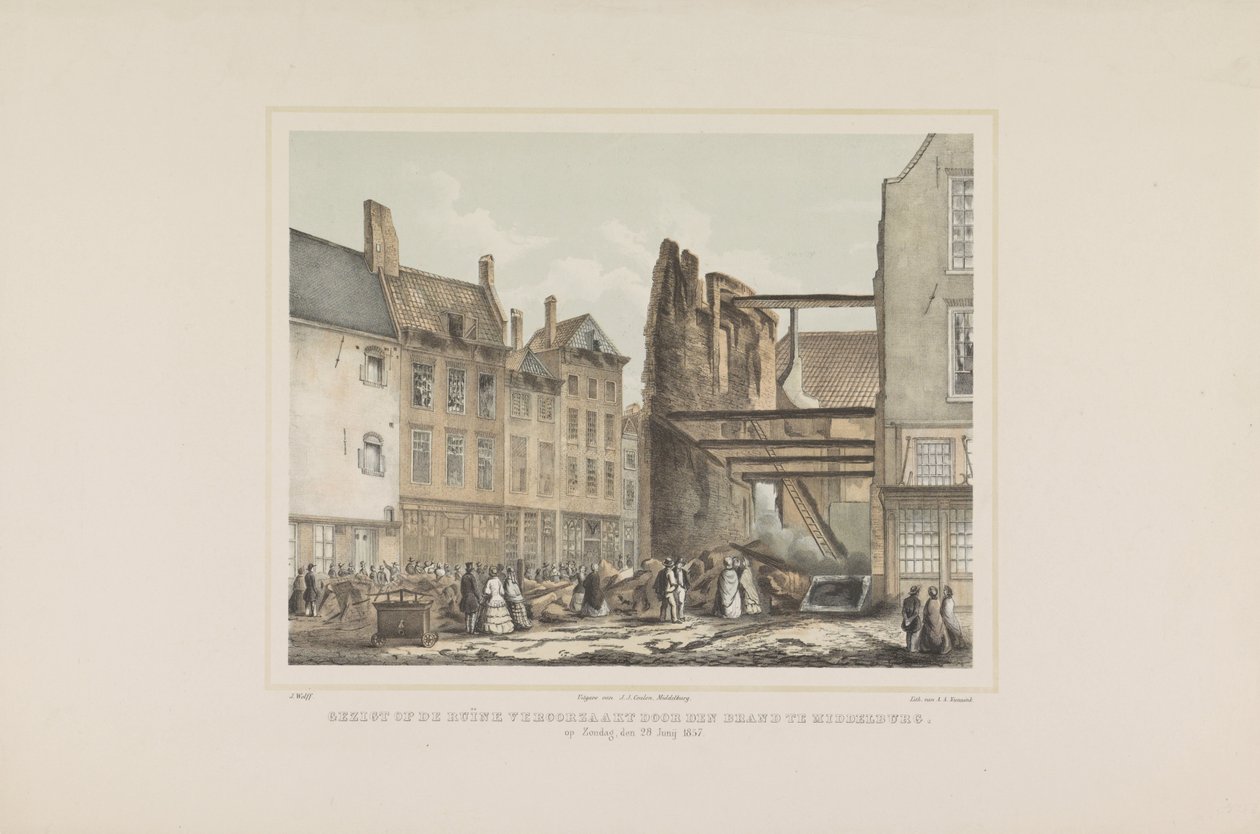 Utsikt över ruinen orsakad av branden i Middelburg. söndagen den 28 juni 1857. (titel på föremålet) av Albertus Anthonius Nunnink