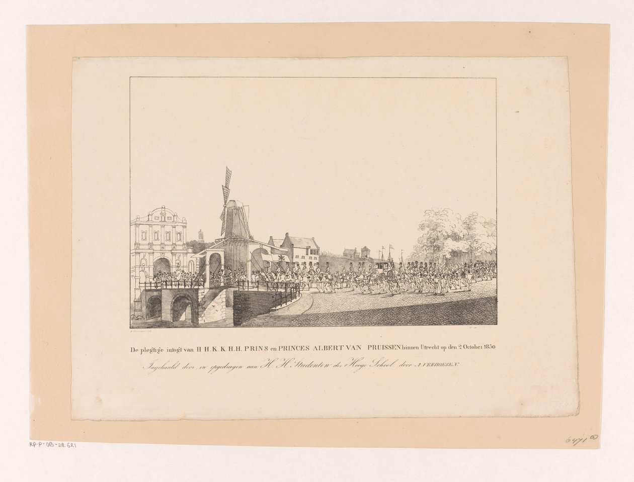 Prinsessan Marianne och hennes man Prins Alberts inresa till Utrecht 1830 H.H.K.K.H.H.s högtidliga inträde. Prins och prins Albert av Preussen i Utrecht den 2 oktober 1830 (titel på objekt) av Albertus Verhoesen
