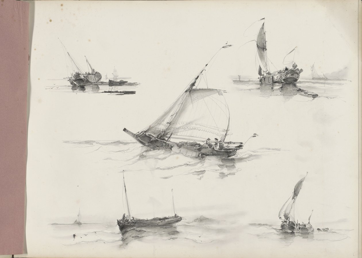 Studieblad med segelfartyg på vattnet av Albertus van Beest