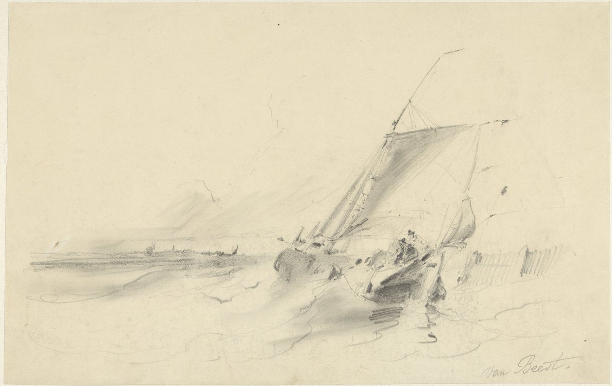 Seascape med pråm i hackigt vatten av Albertus van Beest