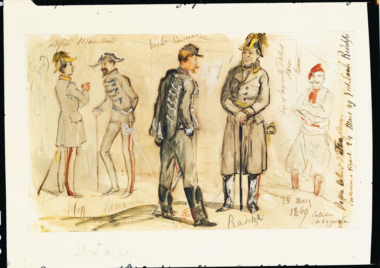 Kung Vittorio Emanuele II (1820-78) Möte med Joseph Radetsky von Radetz (1766-1858) i Vignale, 24 mars 1849 (penna och bläck och wc på papper) av Albrecht Adam