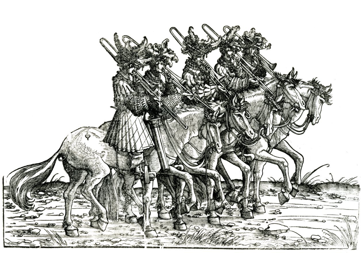 Wanamuziki watano wenye Trombones, kutoka Maandamano ya Ushindi wa Mfalme Maximilian I, c.1517 swed av Albrecht Altdorfer