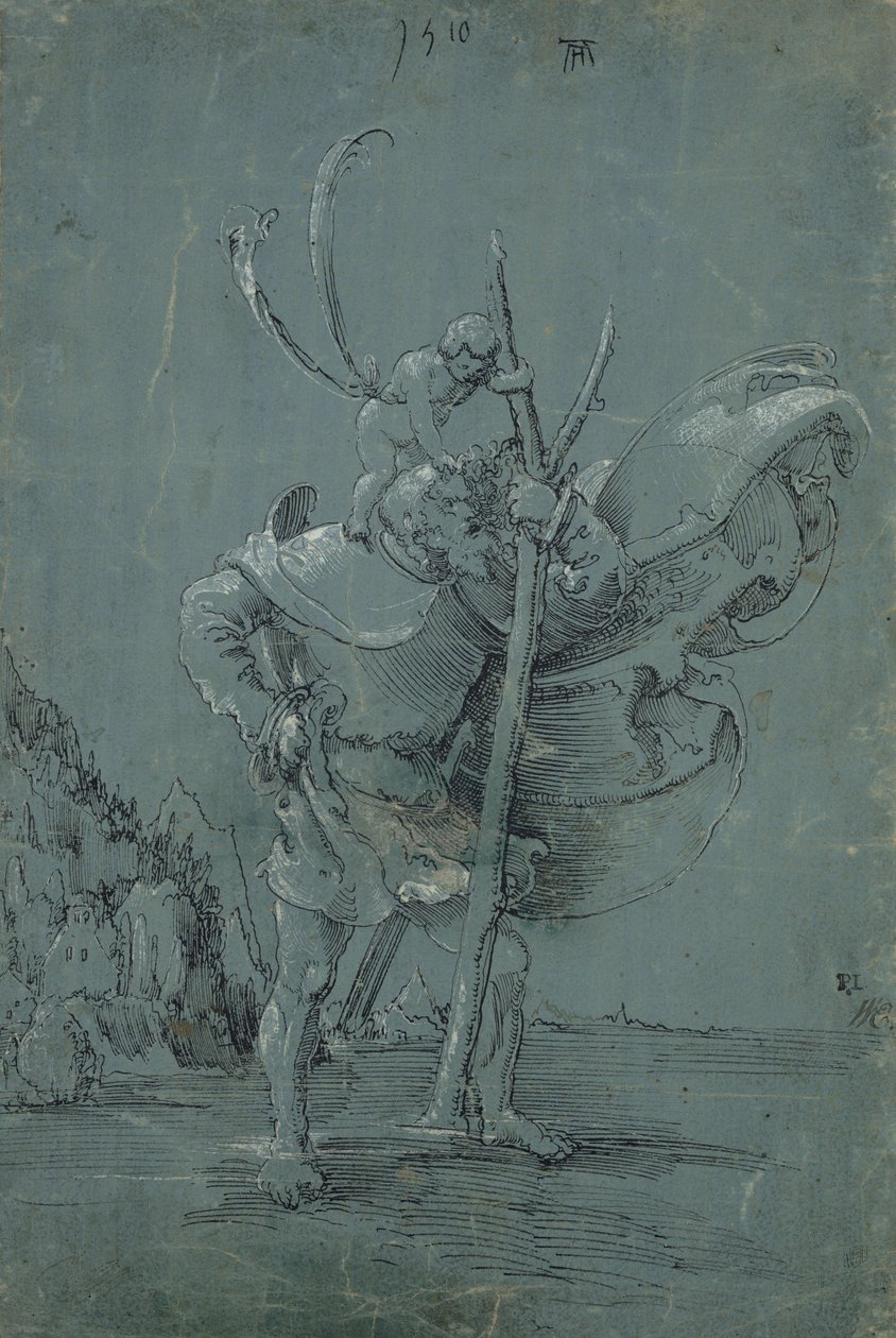 Saint Christopher, 1510 (penna och svart bläck med vit penna på grönblått papper) av Albrecht Altdorfer