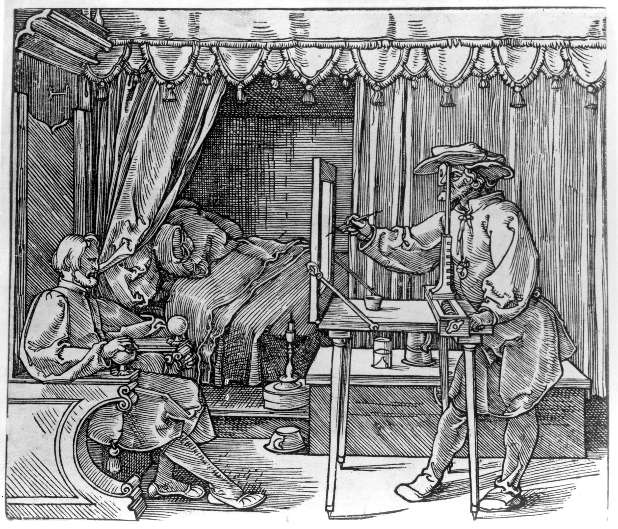 En ritare som tar detaljer för ett porträtt, med hjälp av en perspektivapparat för att rita på glas, från "Course in the Art of Drawing" av Albrecht Durer, publicerad Nürnberg 1525 av Albrecht Dürer