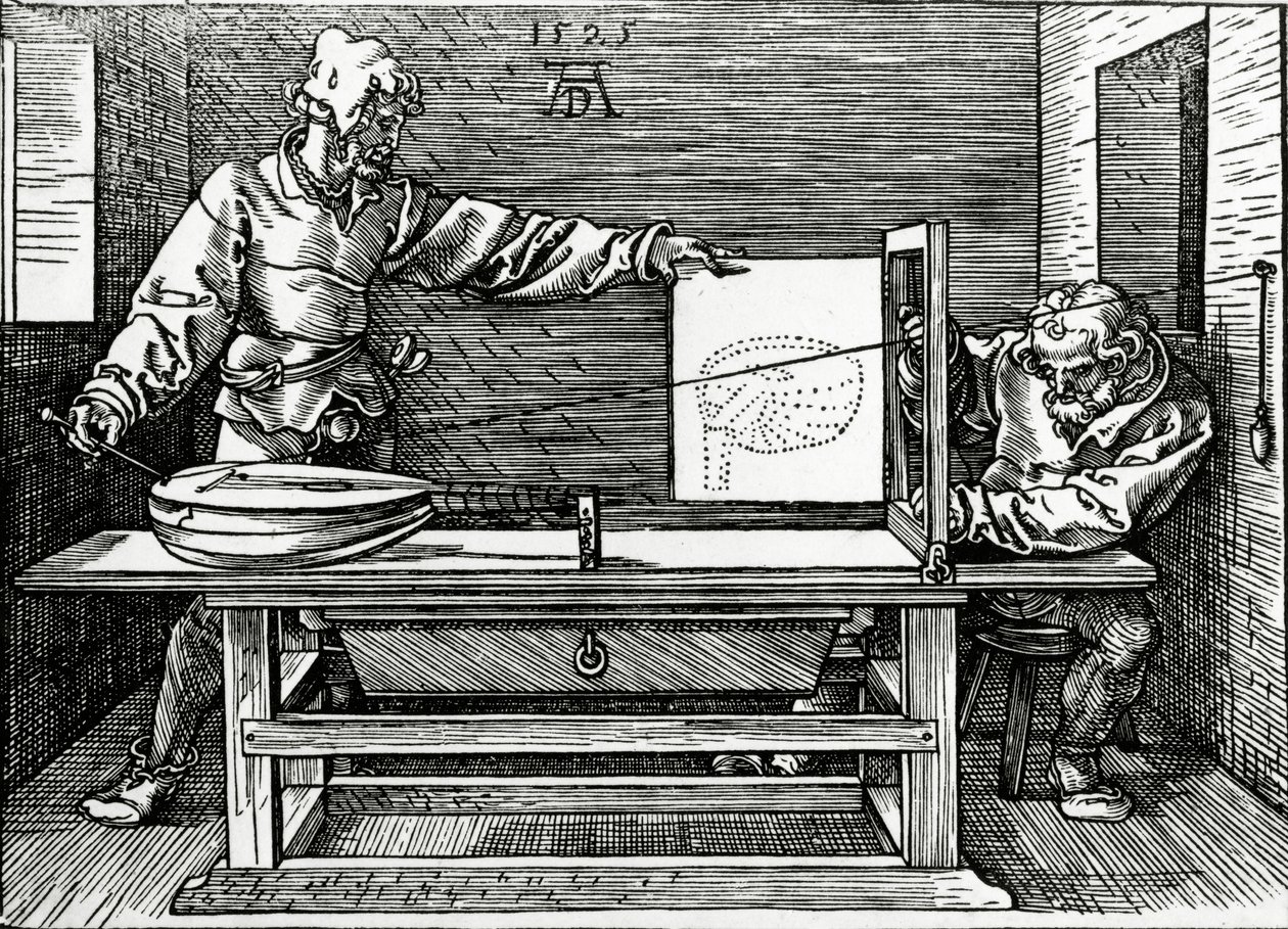En kunstner, der tegner en lut ved hjælp af et perspektivapparat, illustration fra Durers 